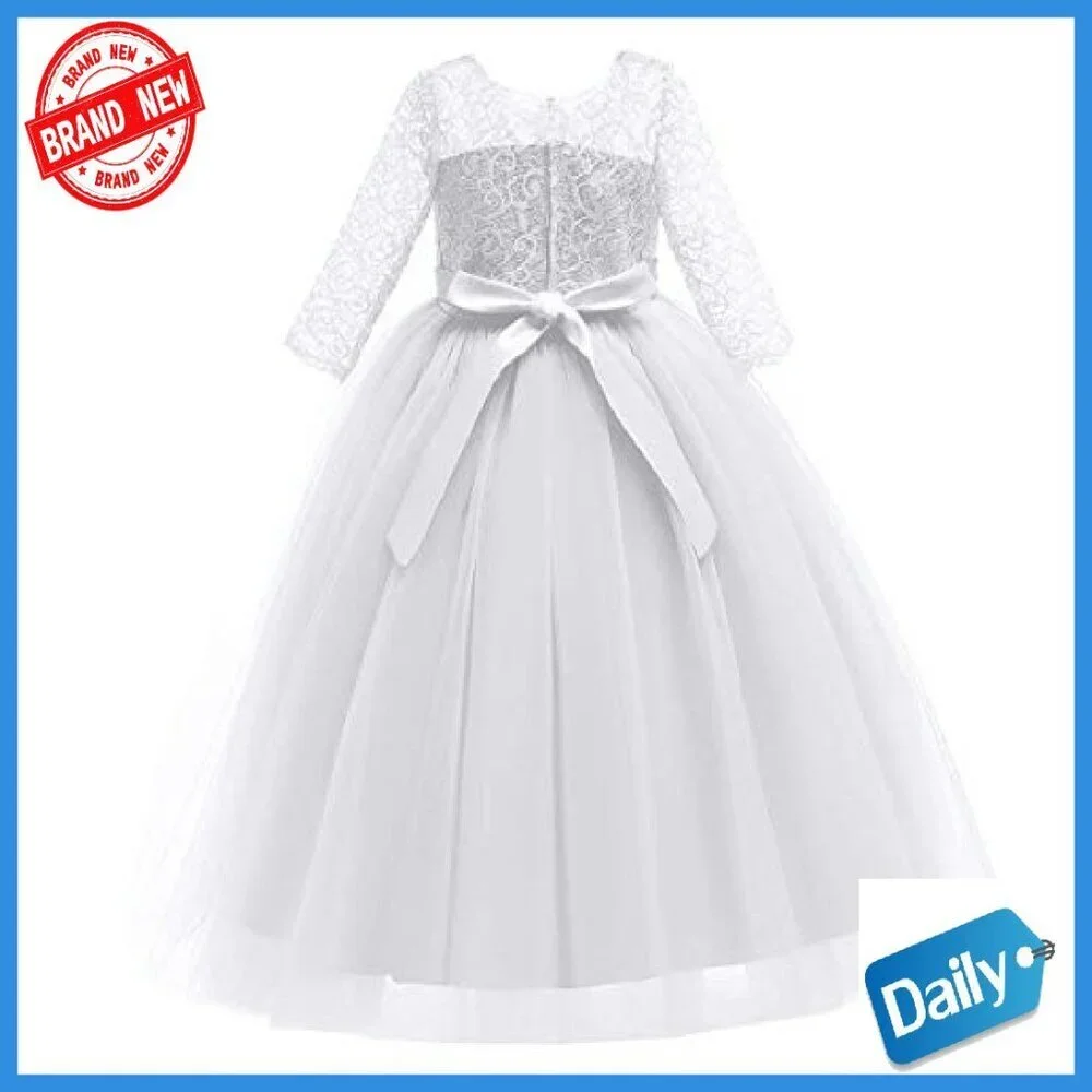 Girls Floral Lace 3/4 Sleeve Floor Length Formal Dress Size 2-14Y